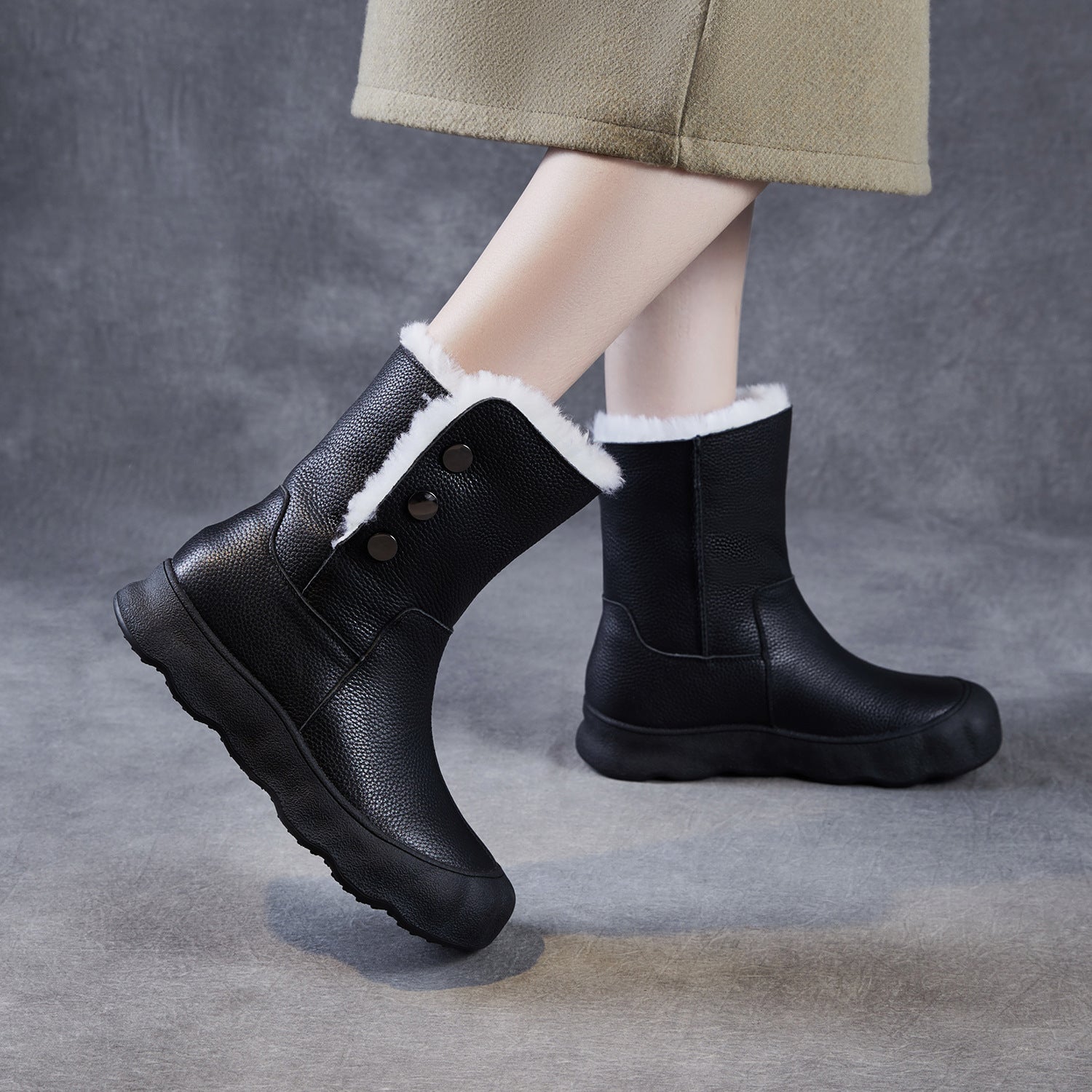 Women's Genuine Leather Woolen Mid-Calf Snow Boots-RAIIFY