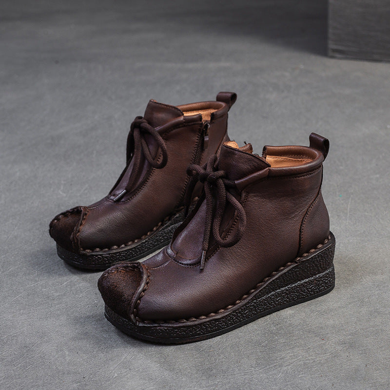 Women Retro Solid Leather Wedge Soft Ankle Boots-RAIIFY