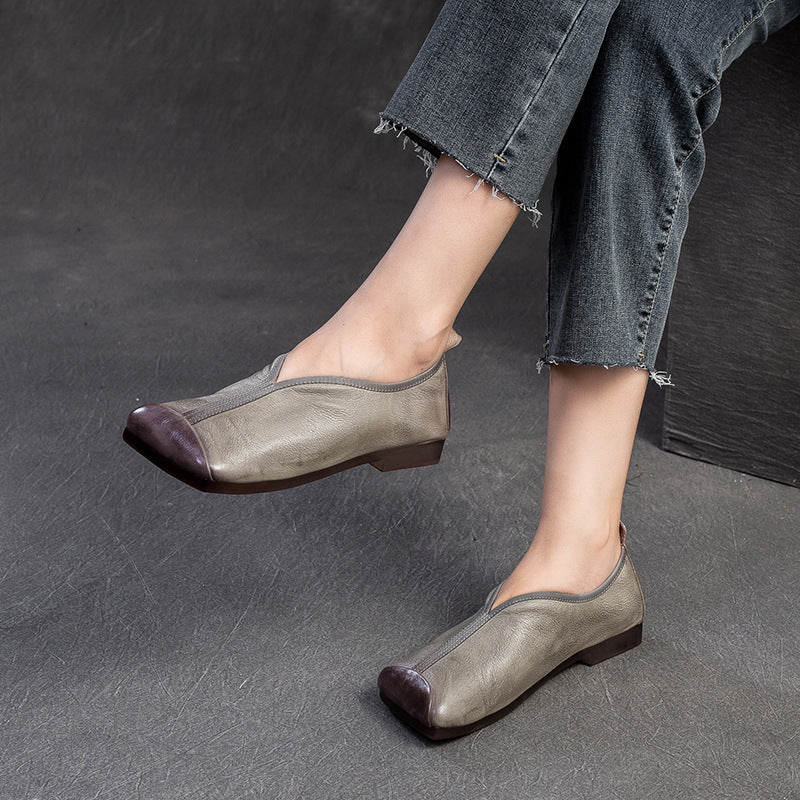 Women Retro Solid Leather Casual Soft Flats-RAIIFY