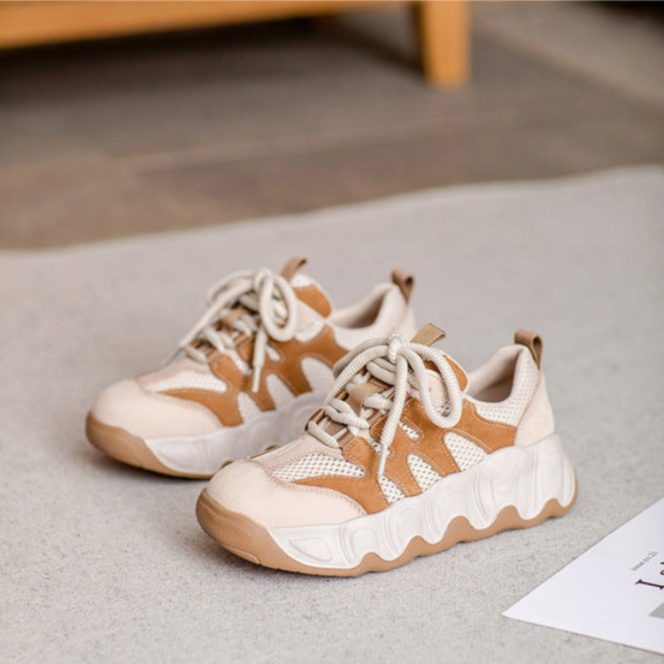 Women Color Matching Leather Mesh Platform Casual Shoes-RAIIFY