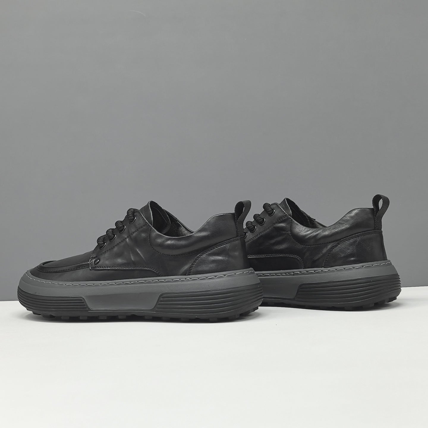 Men's Minimalist Black Leather Flat Casual Shoes-RAIIFY