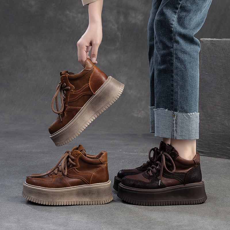 Women's Retro Leather High Top Platform Casual Shoes-RAIIFY