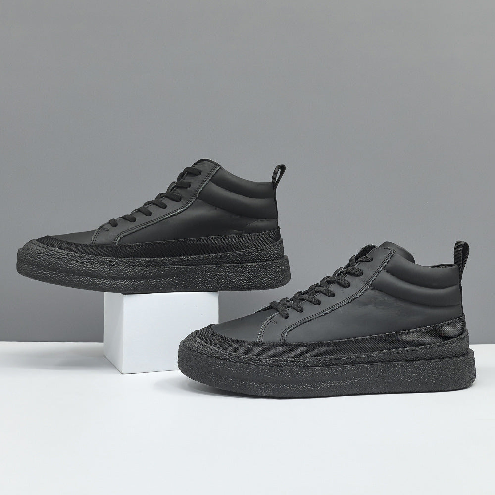 Men Solid Black Leather Simple Casual Shoes-RAIIFY