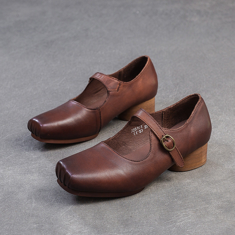 Women Retro Leather Buckle Low Block Casual Shoes-RAIIFY