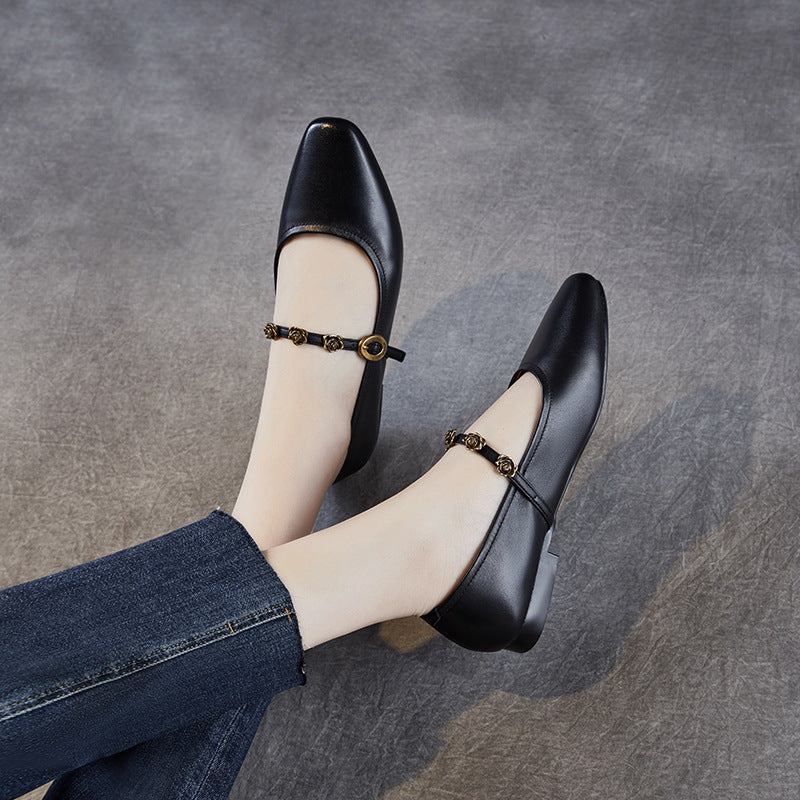 Women Genuine Leather Square Toe Low Heel Mary Jane Shoes-RAIIFY