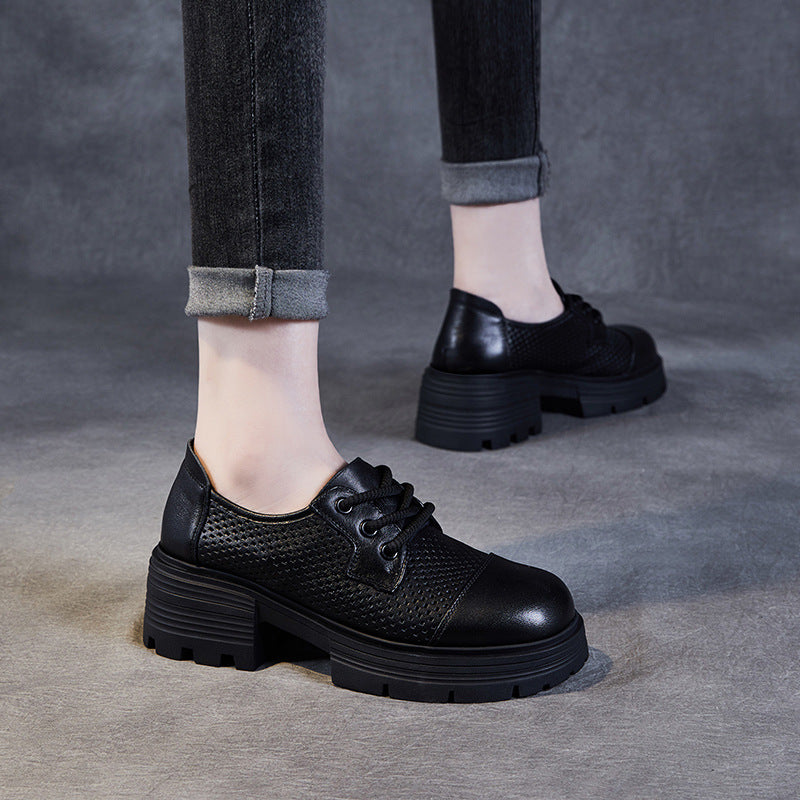 Women Lace-up Hollow Leather Chunky Sole Loafers-RAIIFY