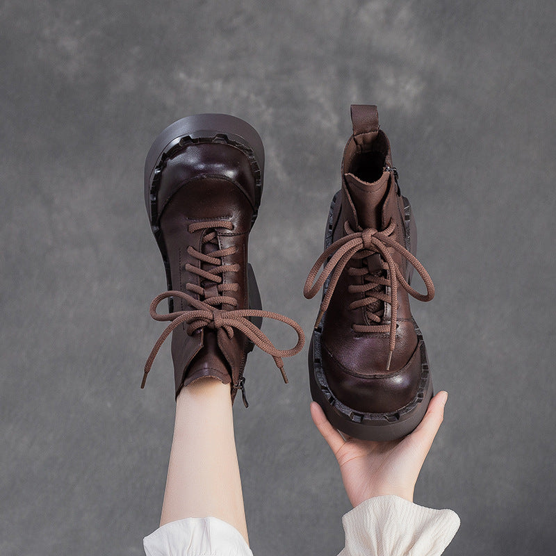 Women's Retro Leather Chunky Platform Ankle Boots-RAIIFY