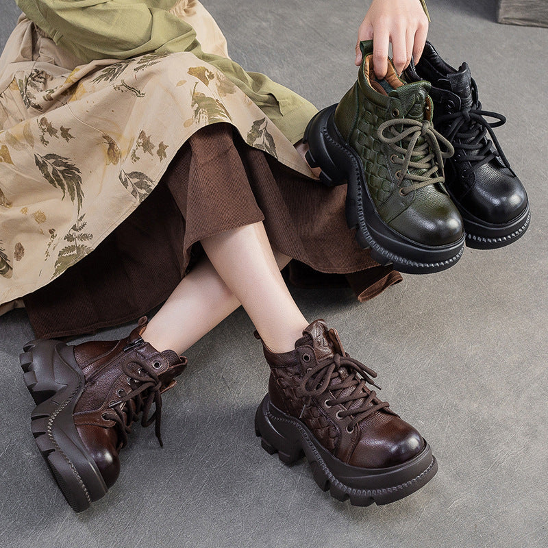Women's Retro Woven Leather Comfort Platform Boots-RAIIFY