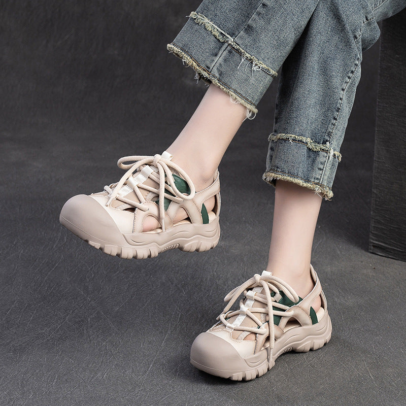 Women Summer Hollow Leather Soft Lace-up Sandals-RAIIFY
