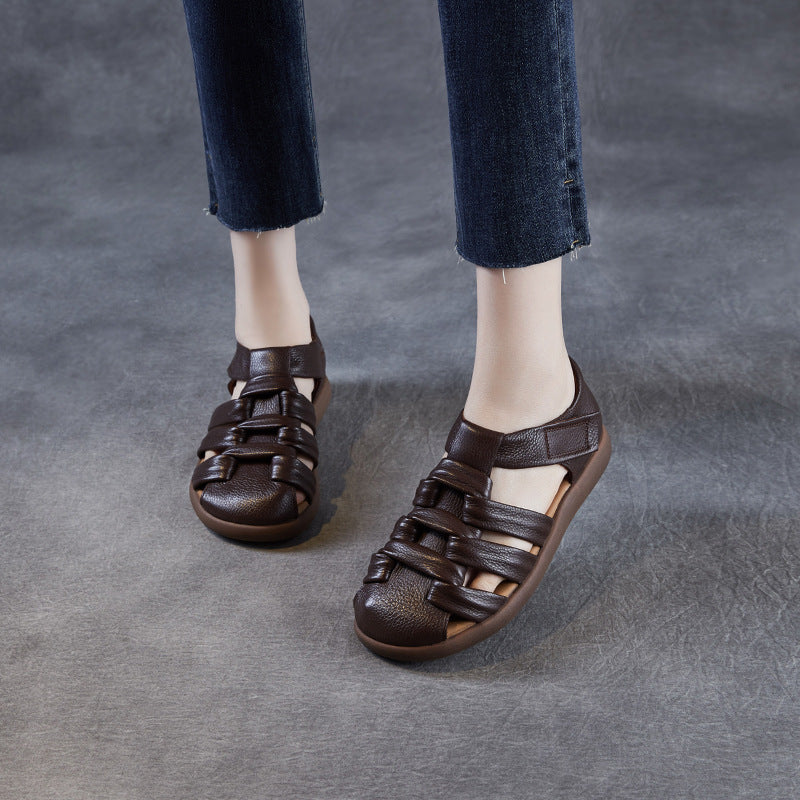 Women's Retro Plain Leather Round Head Velcro Sandals-RAIIFY