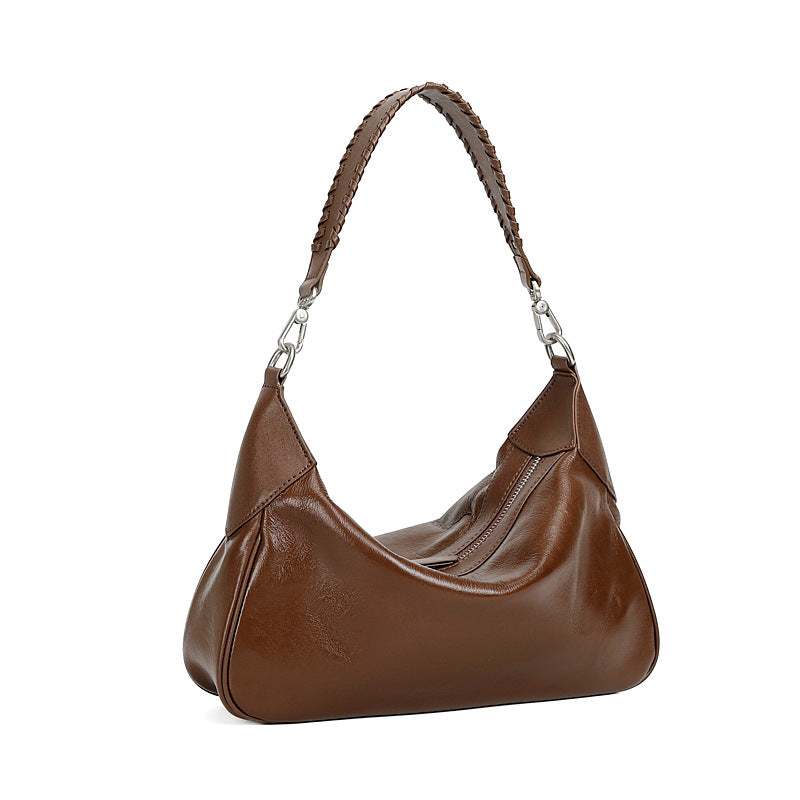 Women’s Retro Plain Soft Leather Retro Shoulder Hobo Bag-RAIIFY