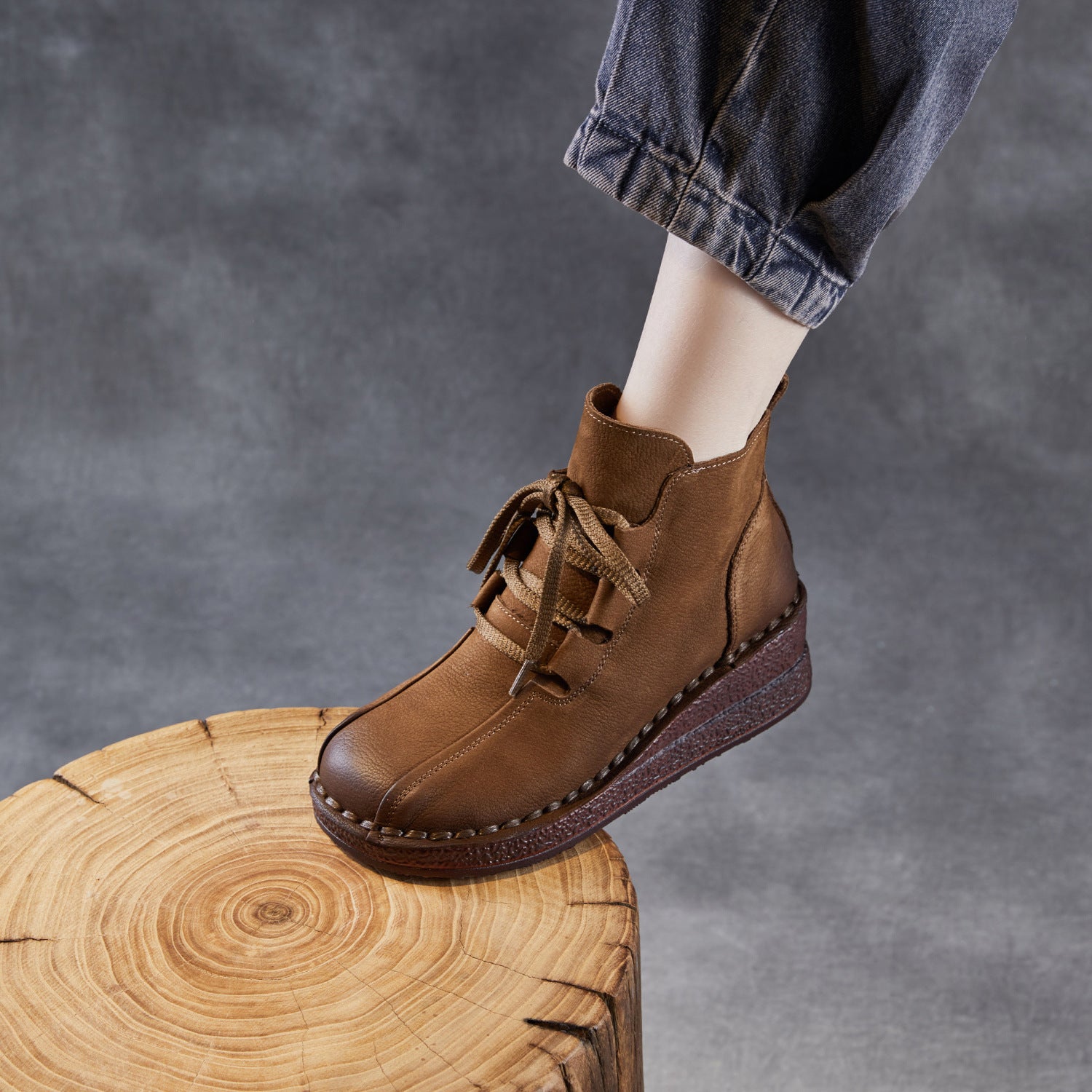 Women's Retro Plain Leather Wedge Ankle Boots-RAIIFY