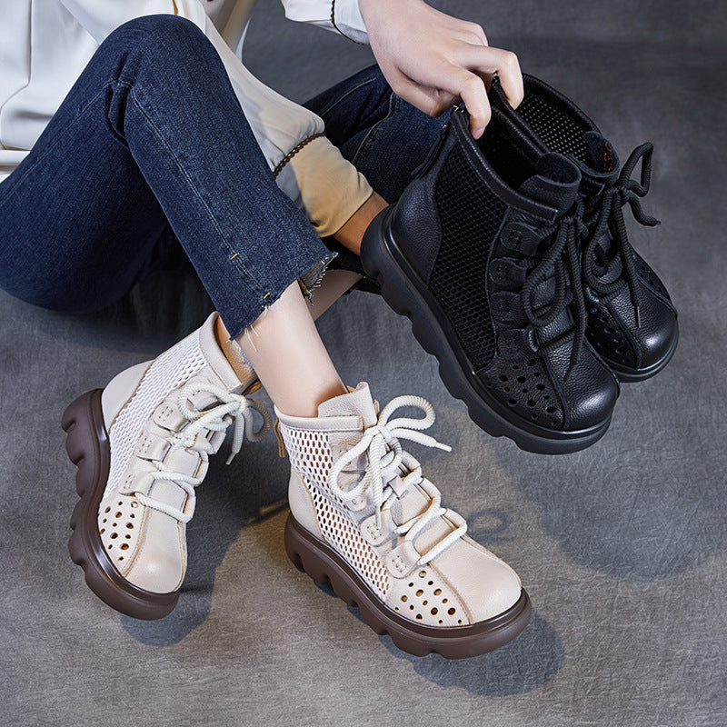 Women Plain Hollow Leather Mesh Platform Boots-RAIIFY