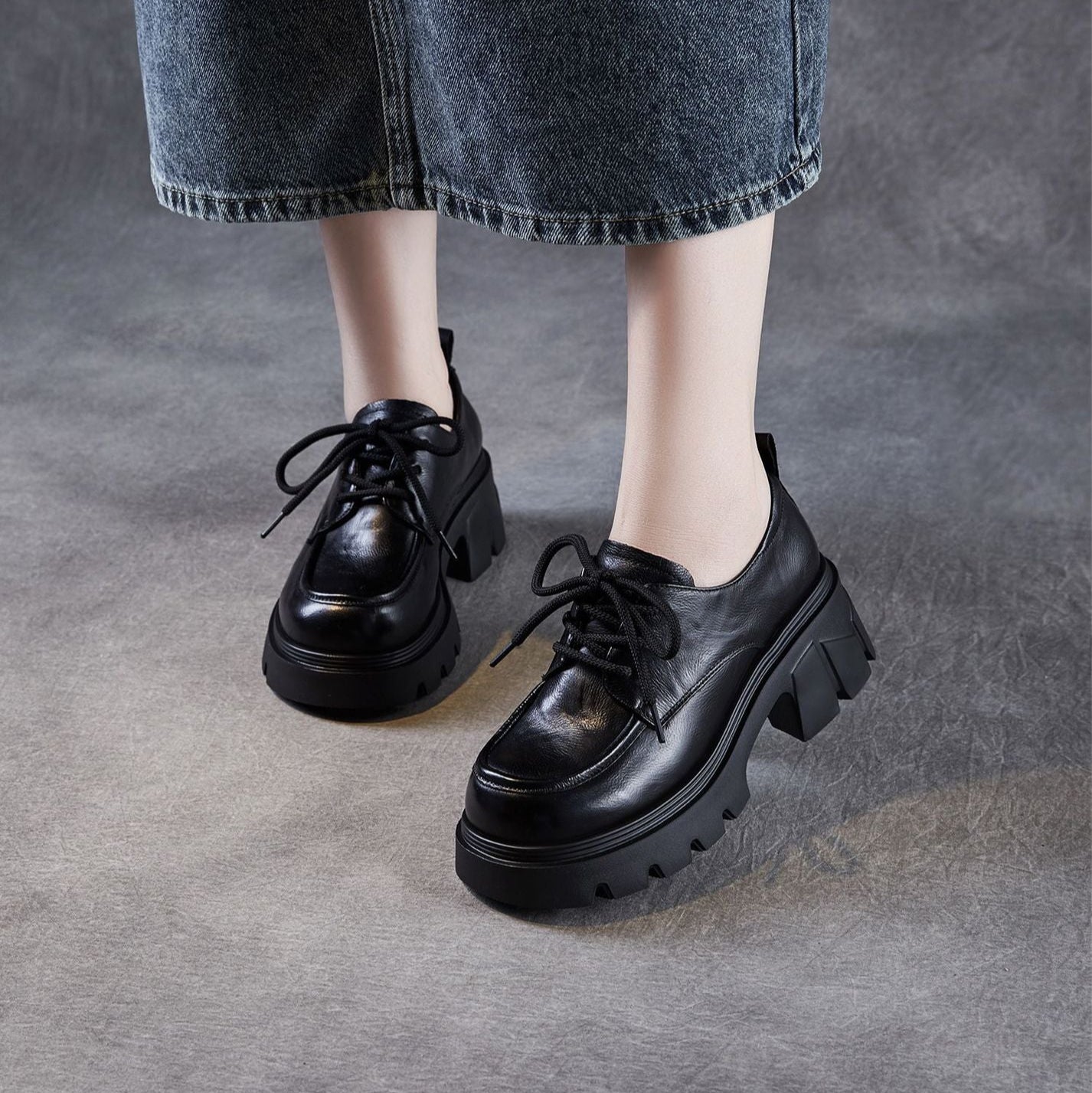 Women's Vintage Leather Chunky Heel Loafers-RAIIFY
