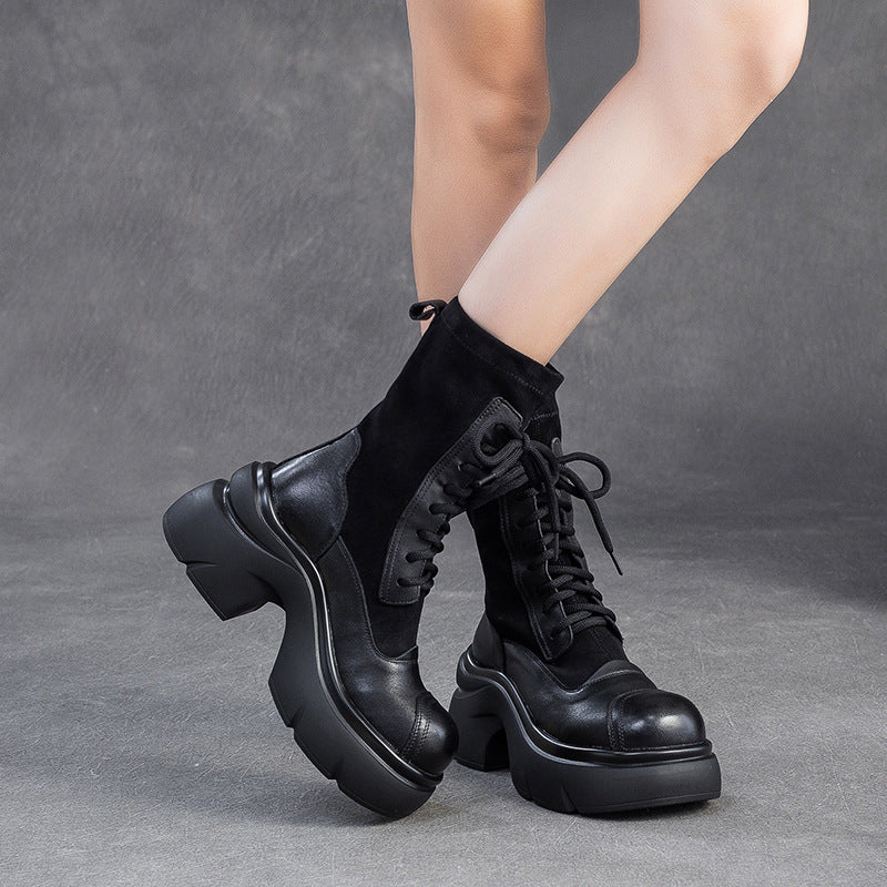 Women's Casual Leather Mid-Calf Platform Boots-RAIIFY
