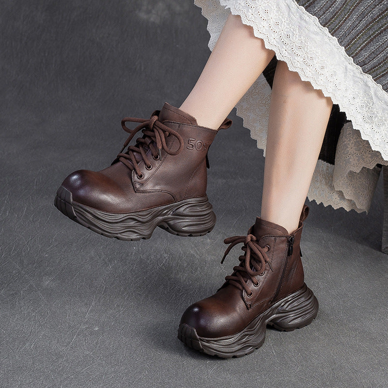 Women's Vintage Leather Platform Ankle Boots-RAIIFY