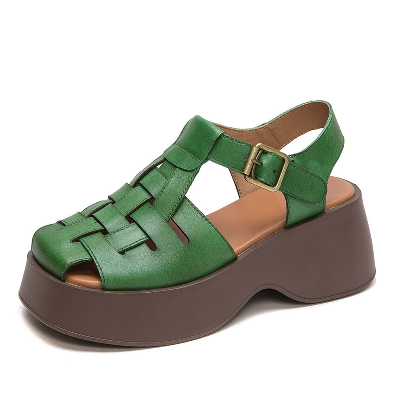 Women Summer Handmade Plaited Leather Platform Sandals-RAIIFY