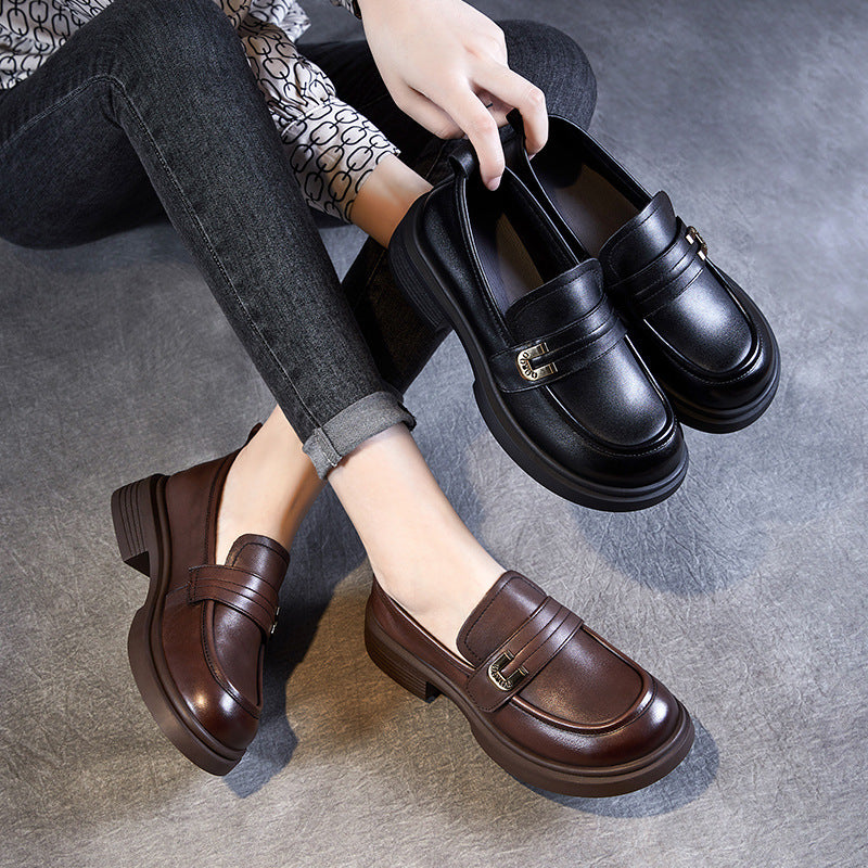 Women Retro Leather Low Block Classic Loafers-RAIIFY