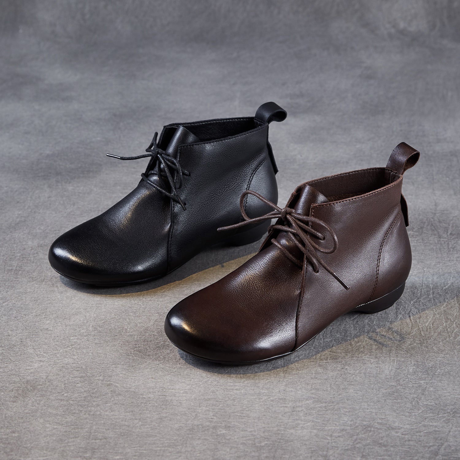 Women's Plain Leather Lace-up Casual Ankle Boots-RAIIFY