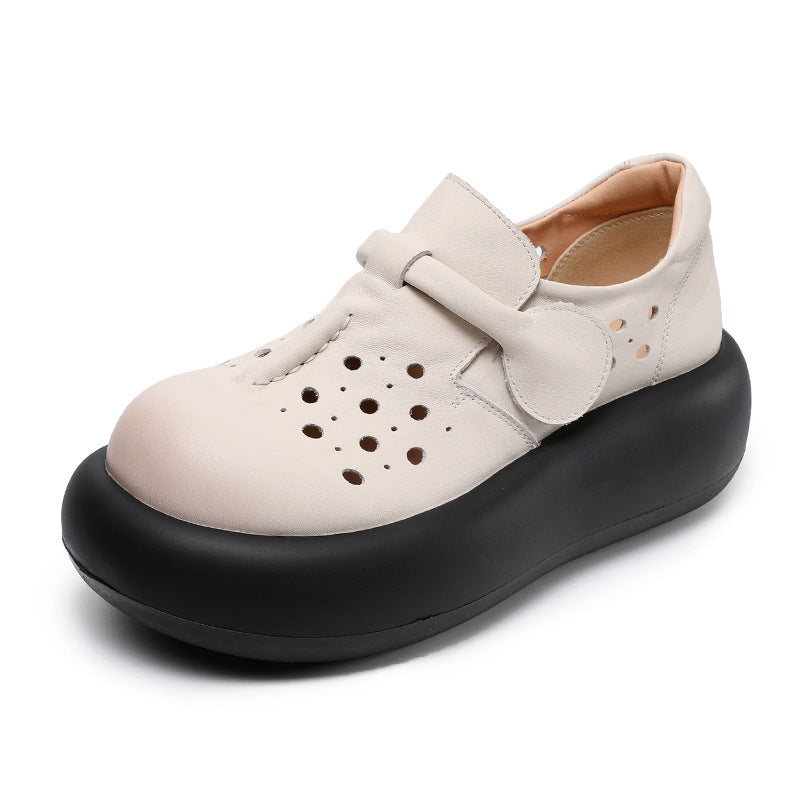 Women Retro Hollow Plain Leather Platform Casual Shoes-RAIIFY