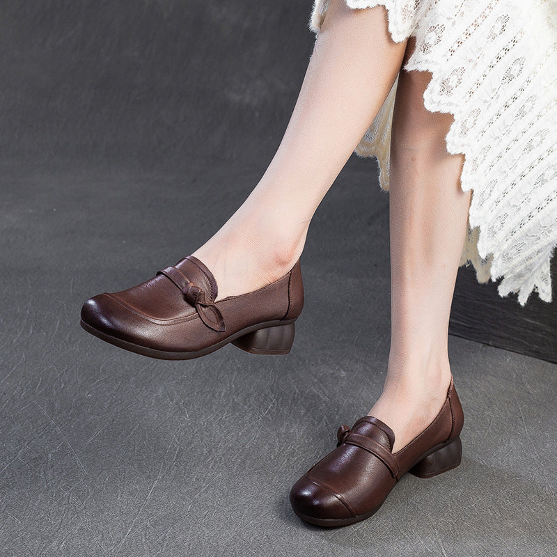 Women's Retro Plain Leather Chunky Heel Loafers-RAIIFY