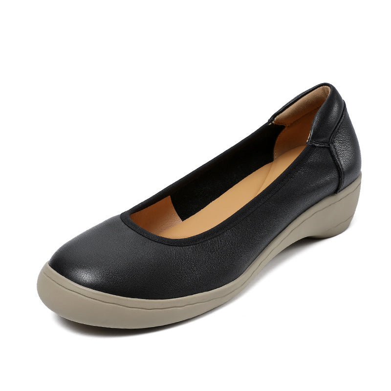 Women Simple Solid Leather Low Wedge Casual Shoes-RAIIFY