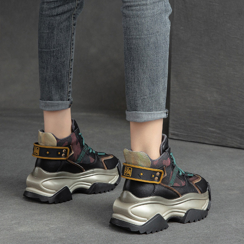 Women Retro Fashion Leather Chunky Platform Dad Shoes-RAIIFY