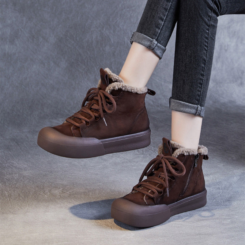 Women Retro Leather Winter Furred Ankle Boots-RAIIFY