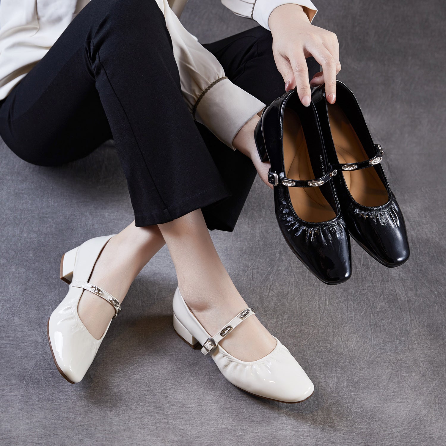 Women's Genuine Leather French Style Mary Jane Block Heel Pumps-RAIIFY