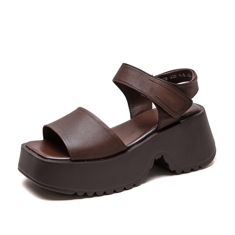 Women Retro Plain Leather Chunky Platform Sandals-RAIIFY