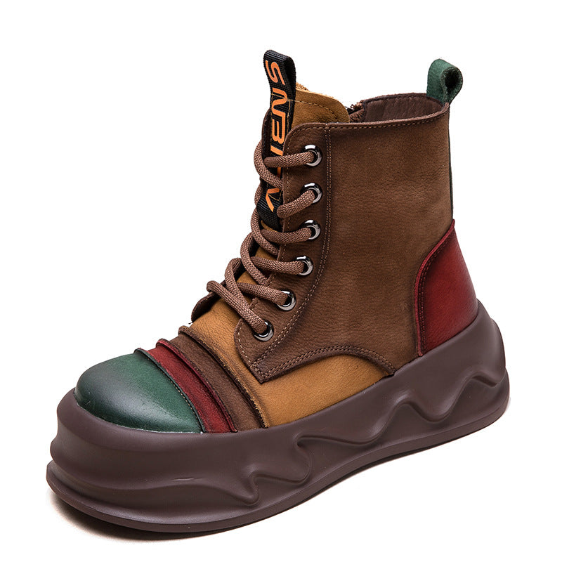 Women Color Matching Leather Winter Furred Boots-RAIIFY