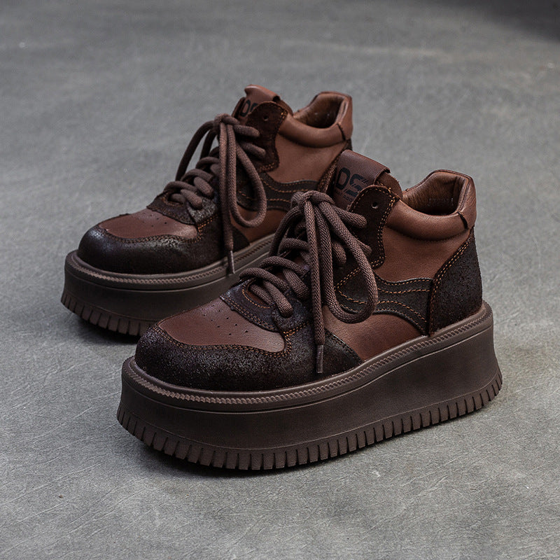 Women Vintage Leather Chunky Platform Casual Shoes-RAIIFY