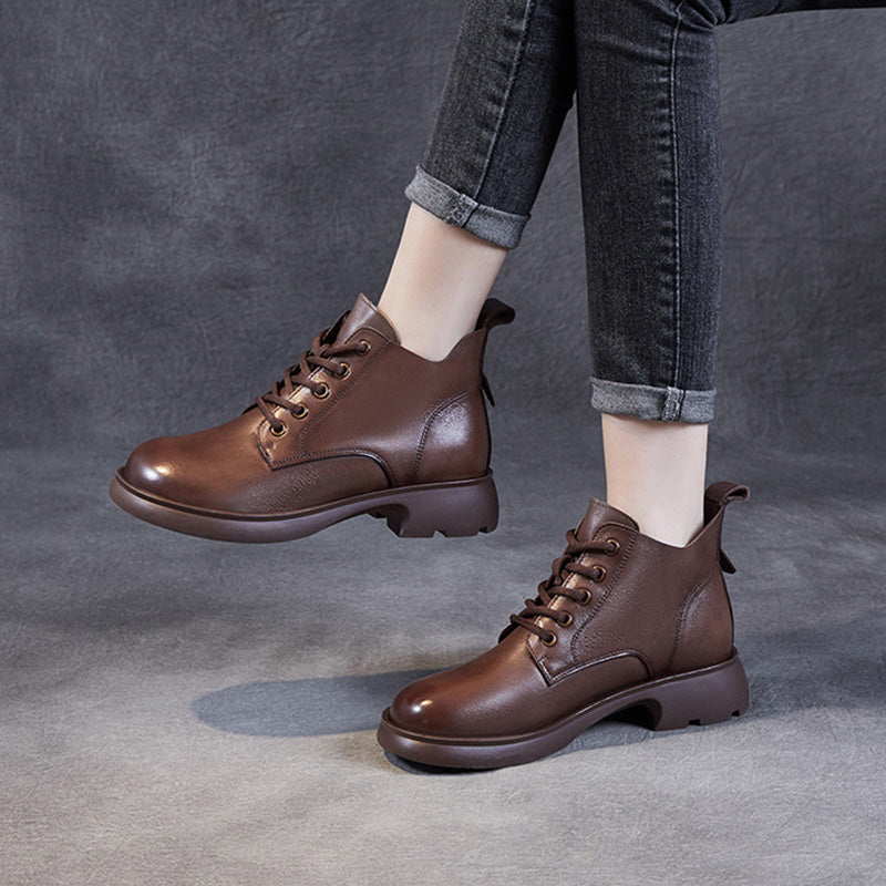 Women Minimalist Retro Leather Lace Up Ankle Boots-RAIIFY