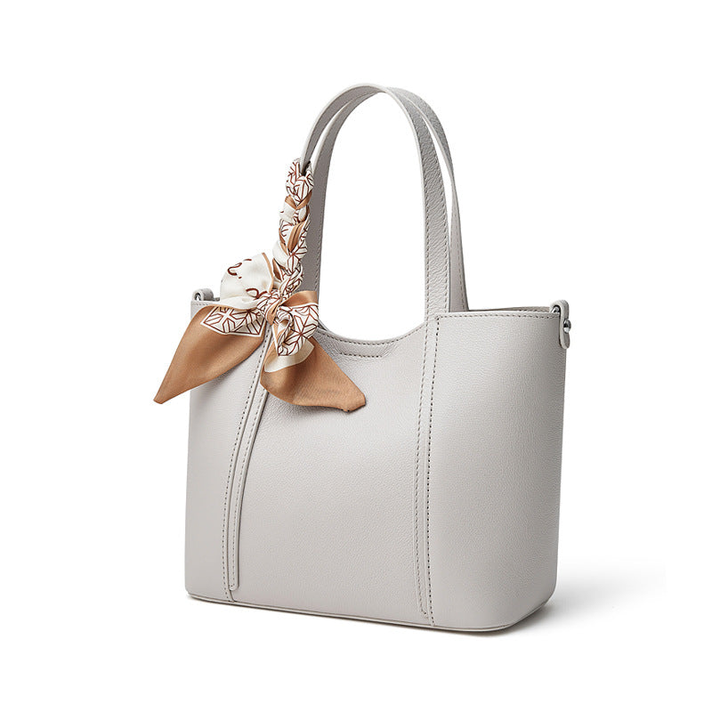 Women’s Elegant Plain Leather Silk Scarf Tote Bag-RAIIFY