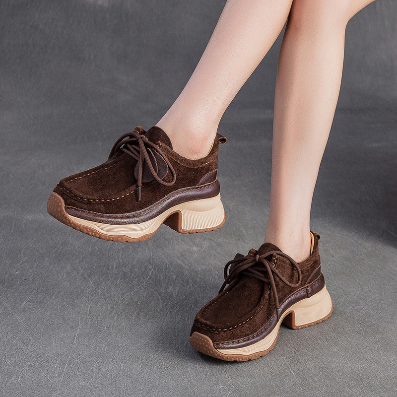 Women Genuine Leather Thick Sole Breathable Casual Lace Up Shoes-RAIIFY