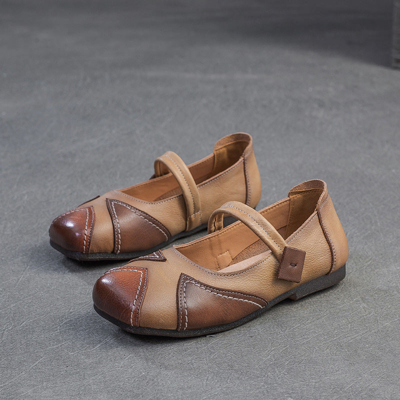 Women Vintage Color Matching Leather Soft Flats-RAIIFY