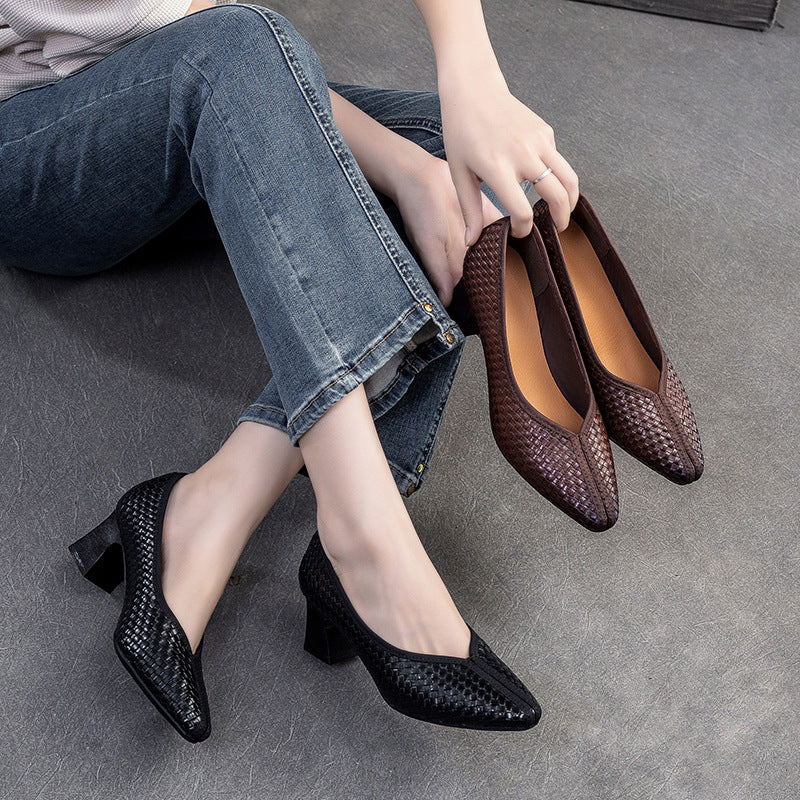 Women Retro Plaited Leather Chunky Heel Pumps-RAIIFY