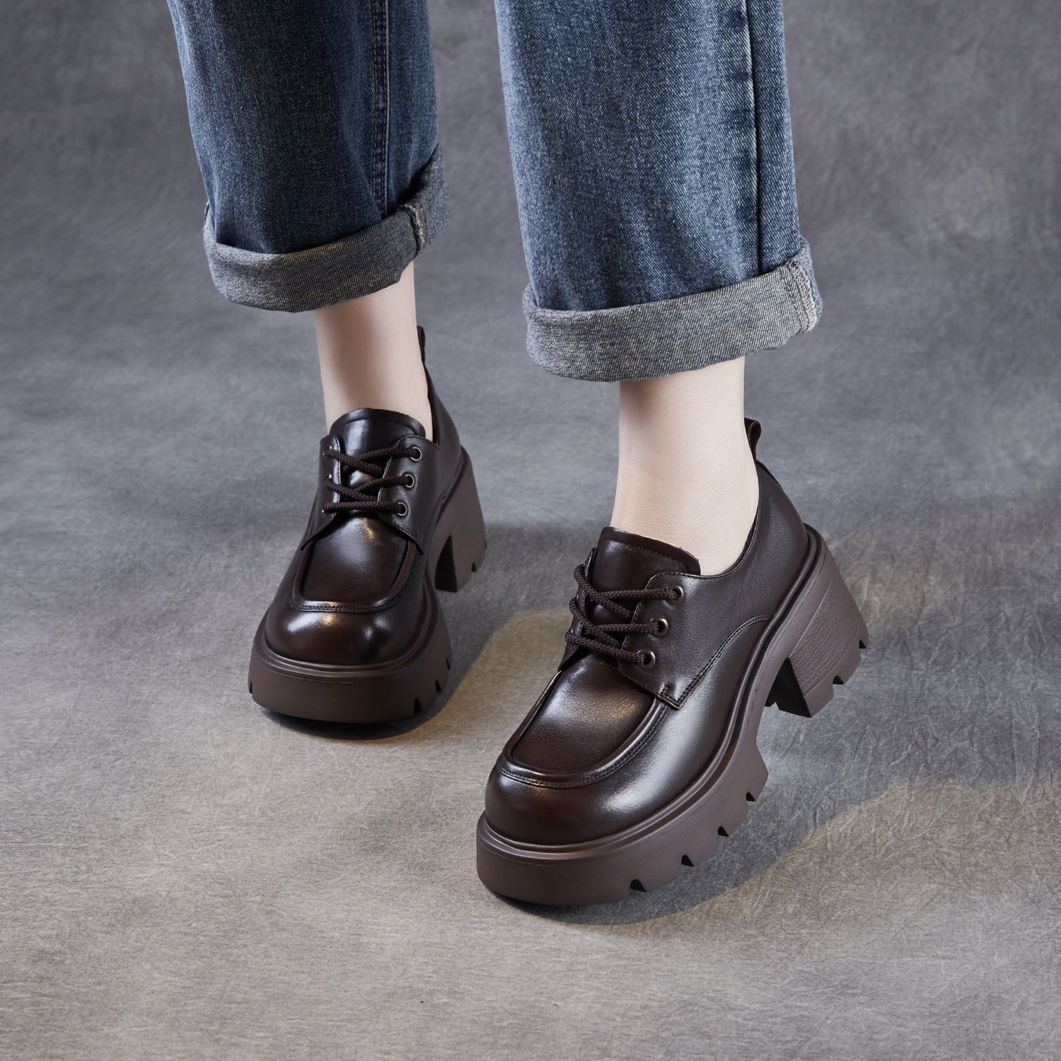 Women's Leather Lace-up Chunky Heel Loafers-RAIIFY