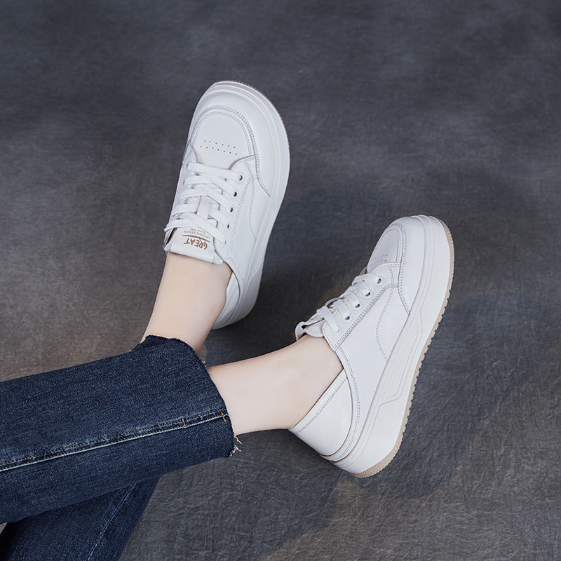 Women Minimalism Fashion Plain Leather Flat Casual Shoes-RAIIFY