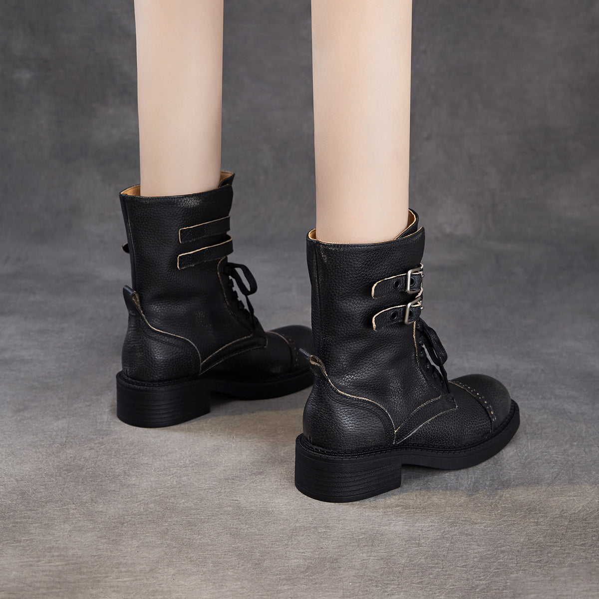 Women's Vintage Leather Buckle Motorcycle Boots-RAIIFY