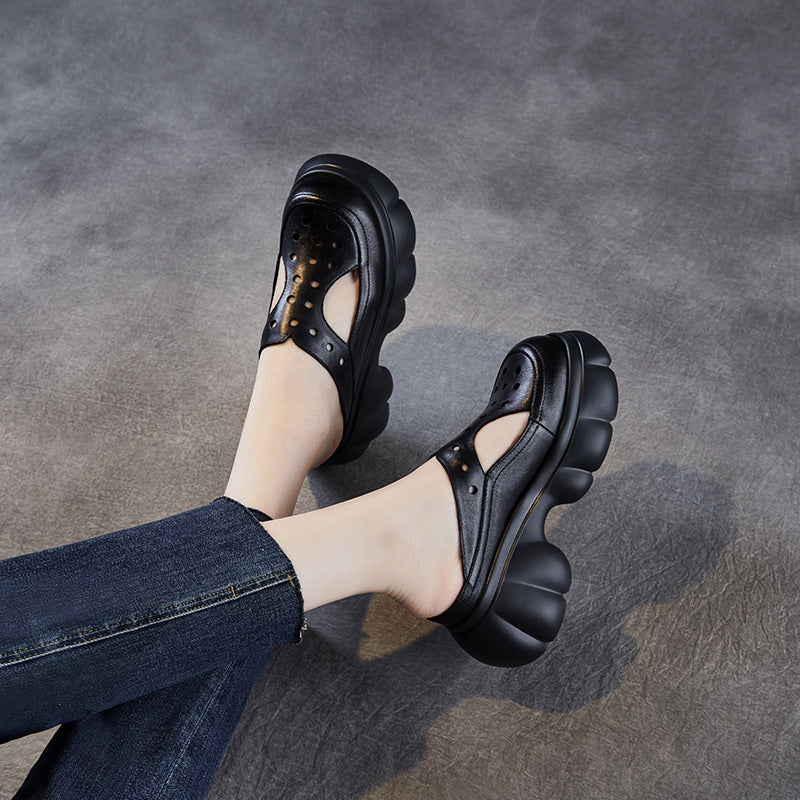 Women's Retro Hollow Leather Summer Platform Mules-RAIIFY