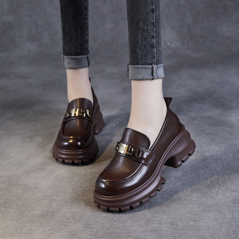 Women Leather Chain Casual Chunky Platform Loafers-RAIIFY