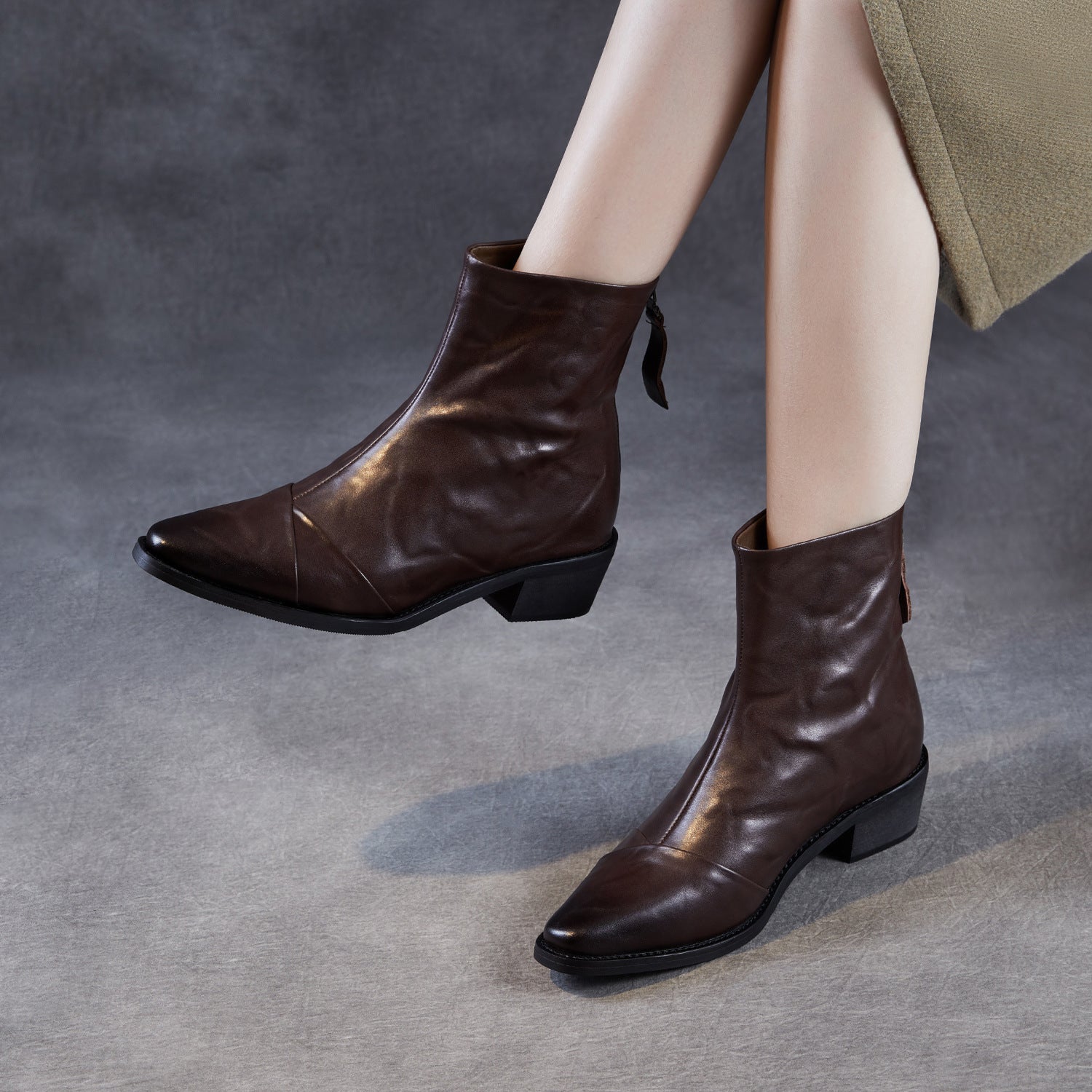 Women's Pleated Leather Low Block Furred Ankle Boots-RAIIFY