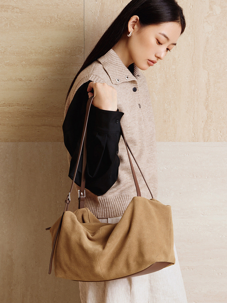 Women’s Suede Leather Pillow-Shaped Shoulder Tote Bag-RAIIFY