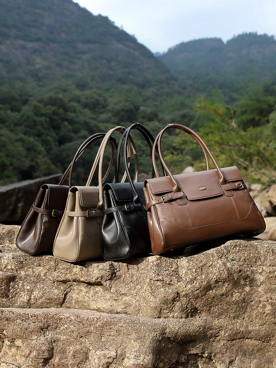 Women’s Minimalist Plain Leather Shoulder Tote Bag-RAIIFY