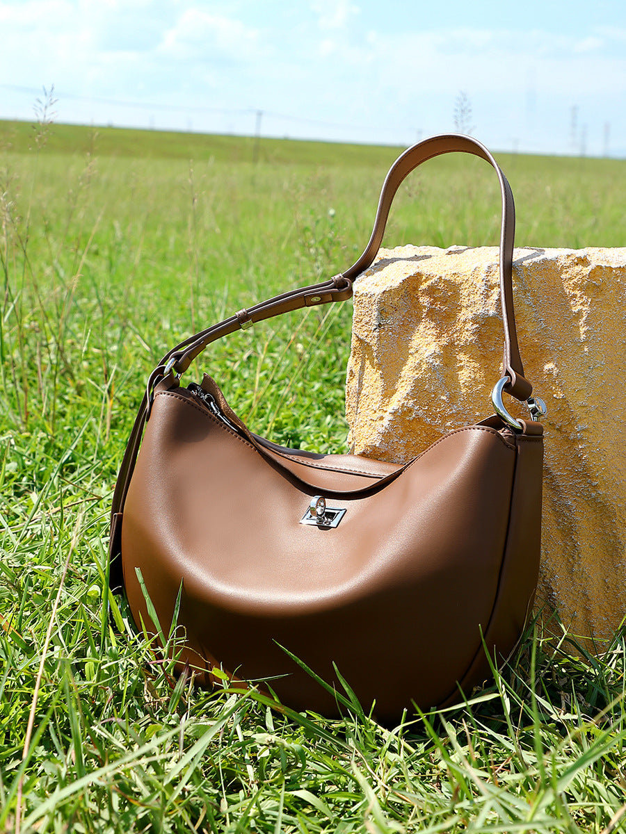 Women's Fashion Soft Plain Leather Crescent Shoulder Bag-RAIIFY