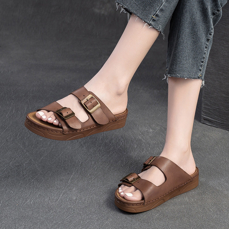 Women Retro Leather Summer Casual Slides Sandals-RAIIFY