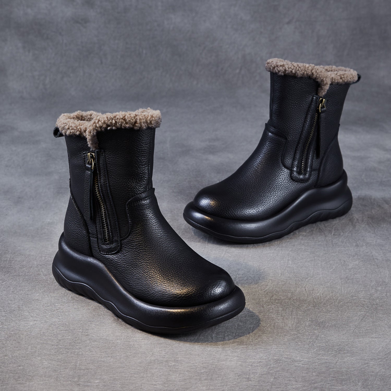 Women's Vintage Leather Furred Mid-Calf Snow Boots-RAIIFY