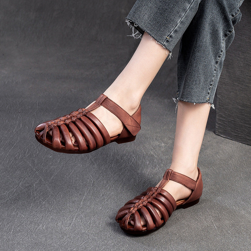 Women Retro Handmade Leather Flat Summer Sandals-RAIIFY