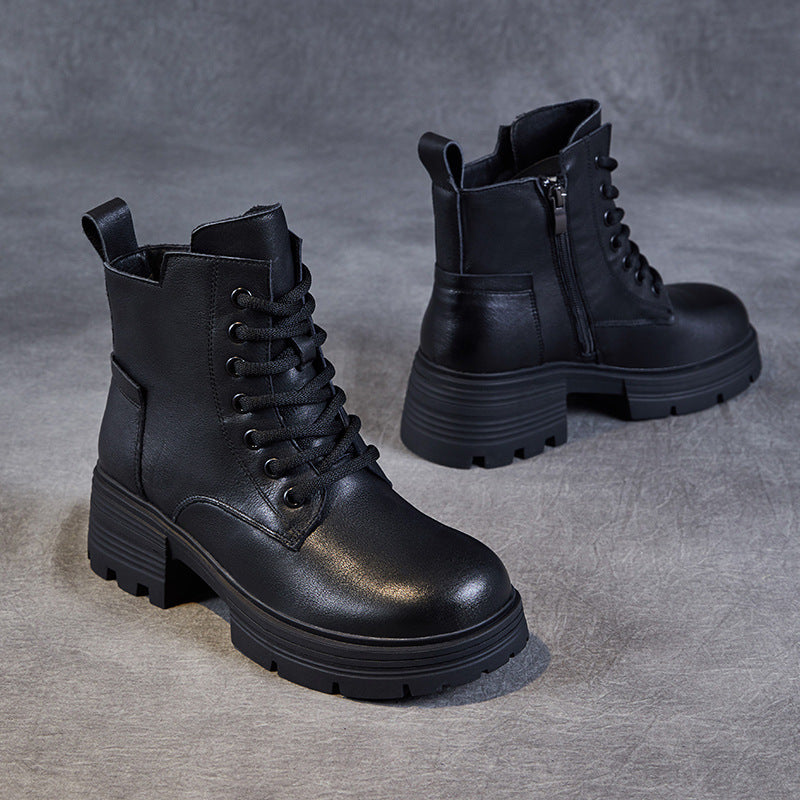 Women Retro Solid Leather Chunky Heel Boots-RAIIFY